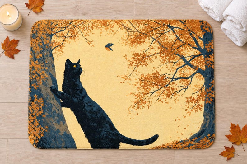 Overhead view of the whole climbing cat autumn bath mat on a light wood floor, with a lit candle, rolled white towels and fallen maple leaves around it.