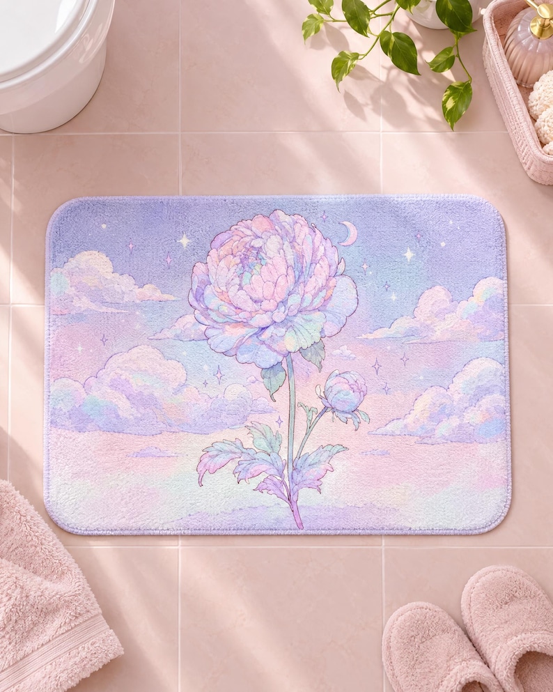 May include: A rectangular bath mat featuring a soft pastel illustration of a large blooming peony and a smaller bud centred against a dreamy sky filled with fluffy clouds, twinkling stars, and a crescent moon in shades of lavender, pink, and blue.