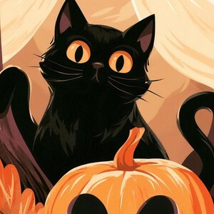 Close-up of the printed design on the beach towel: a black cat with round amber eyes sitting behind the top of a carved pumpkin, with pale ghosts behind it.