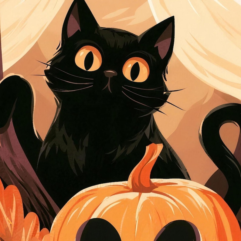 Close-up of the printed design on the beach towel: a black cat with round amber eyes sitting behind the top of a carved pumpkin, with pale ghosts behind it.