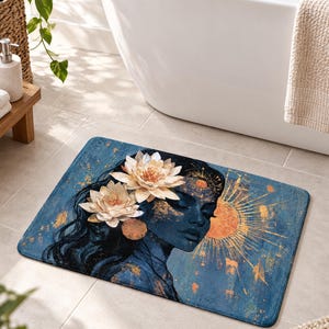 May include: A rectangular bath mat featuring a dark blue background with a profile illustration of a person adorned with two large white lotus flowers in their hair, accented by gold leaf details and a radiant sun motif on the right side.