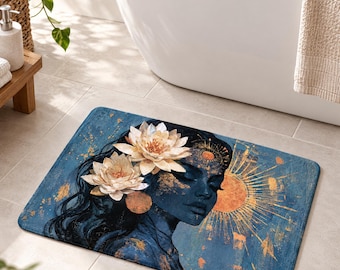 May include: A rectangular bath mat featuring a dark blue background with a profile illustration of a person adorned with two large white lotus flowers in their hair, accented by gold leaf details and a radiant sun motif on the right side.