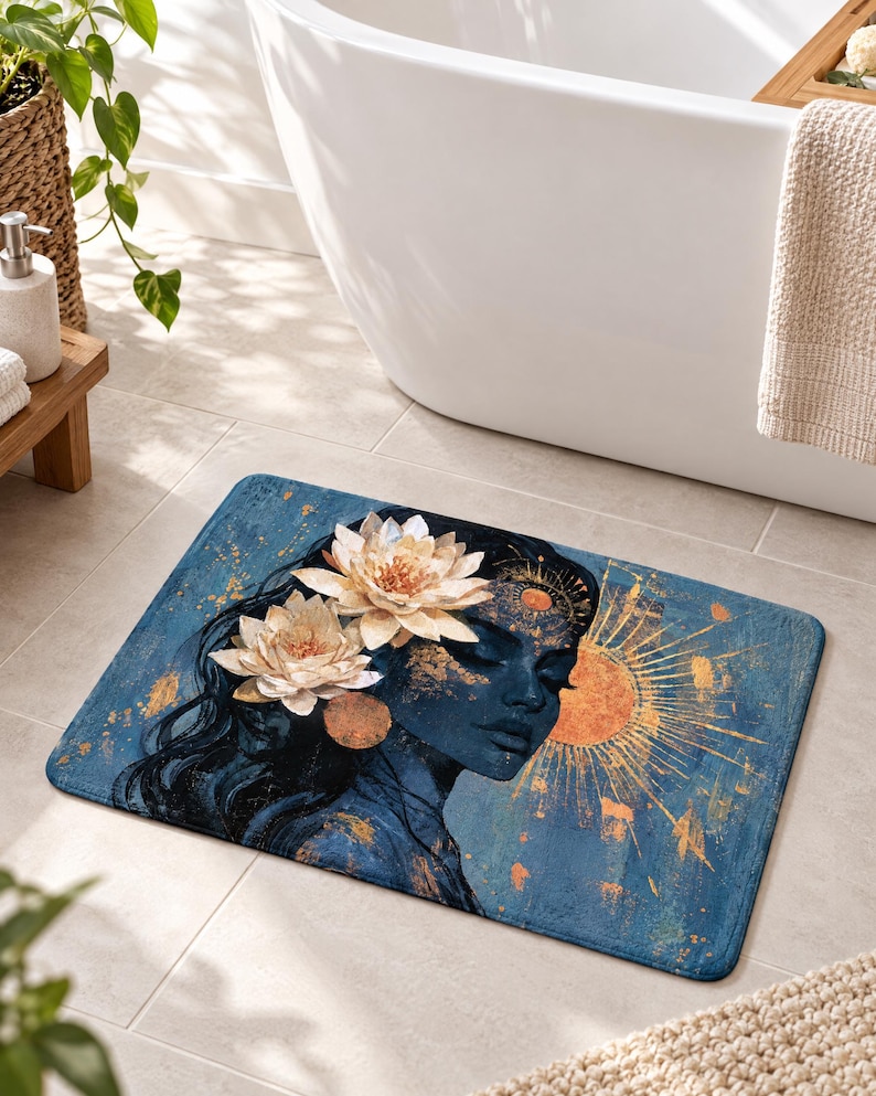 May include: A rectangular bath mat featuring a dark blue background with a profile illustration of a person adorned with two large white lotus flowers in their hair, accented by gold leaf details and a radiant sun motif on the right side.