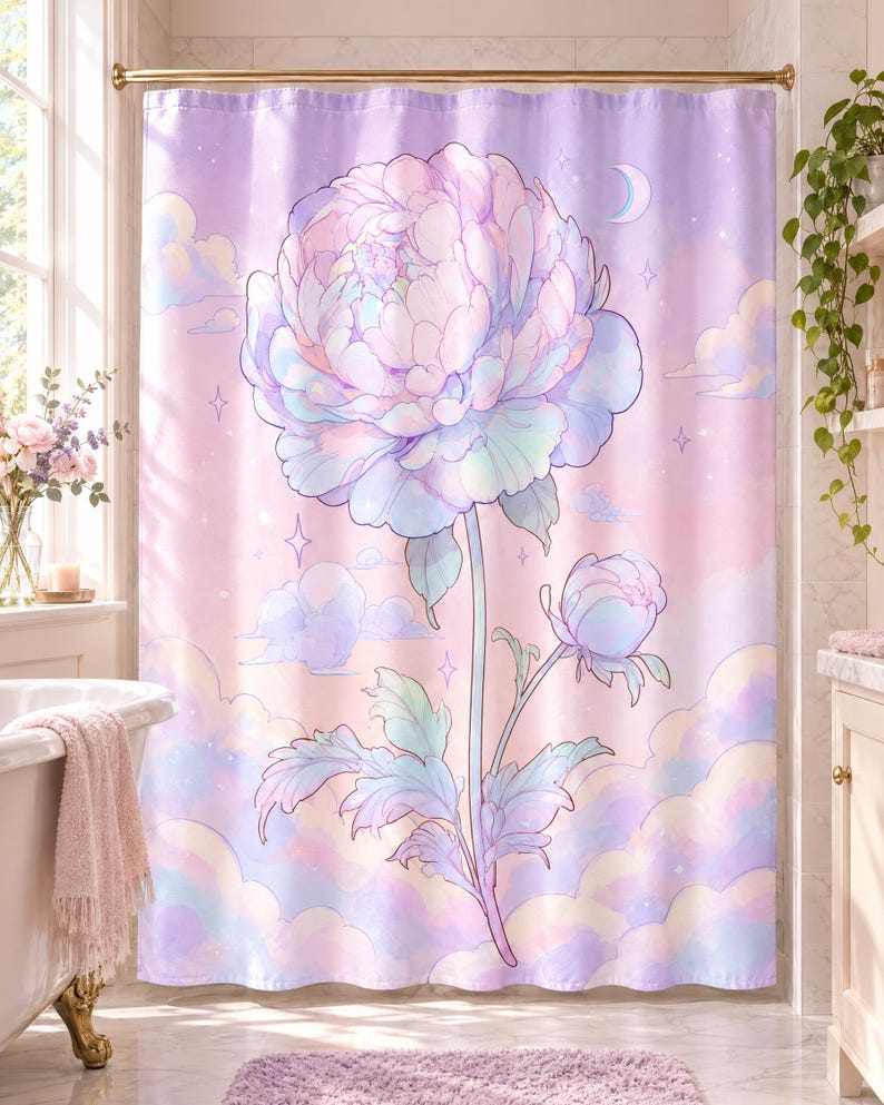 Op de afbeelding: Een douchegordijn met een grote, centrale pioenroos in pasteltinten van roze, blauw en paars. De achtergrond toont een zachte, dromerige lucht met pluizige wolken, een maansikkel en kleine sterren, allemaal uitgevoerd in een licht, etherisch kleurenpalet.
