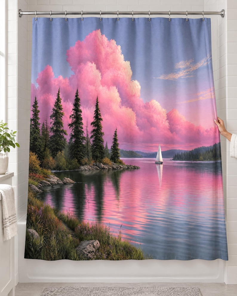 Pine lake sailboat shower curtain over a bathtub in a white-tiled bathroom: tall pines on a rocky shore, a white sailboat and towering pink clouds reflected in a calm blue lake; a hand pulls back the right edge.