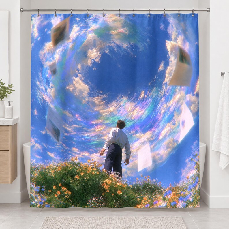 Straight-on view of the whole surreal swirling sky shower curtain hanging in a white bathroom, showing the deep blue cloud vortex, floating pictures and pages, the small figure and orange wildflowers.