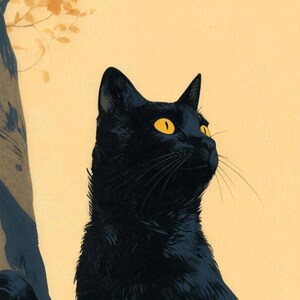 Close-up of the printed design on the shower curtain: a black cat's head with gold eyes and long whiskers looking up, beside a tree trunk with autumn leaves.