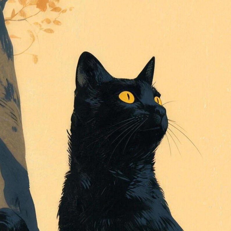 Close-up of the printed design on the shower curtain: a black cat's head with gold eyes and long whiskers looking up, beside a tree trunk with autumn leaves.