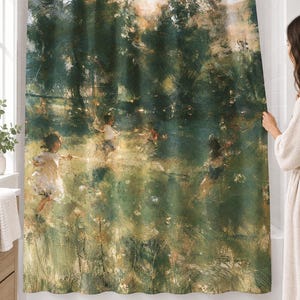 Impressionist garden shower curtain over a bathtub in a white-tiled bathroom: children run through a sunlit meadow under tall dark green trees in loose brushstrokes; a woman pulls back the right edge.