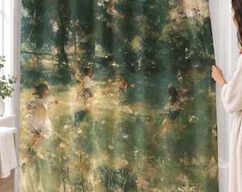 Impressionist Shower Curtain, Children in Summer Garden Art, Nostalgic Green Decor — Gift for Grandma