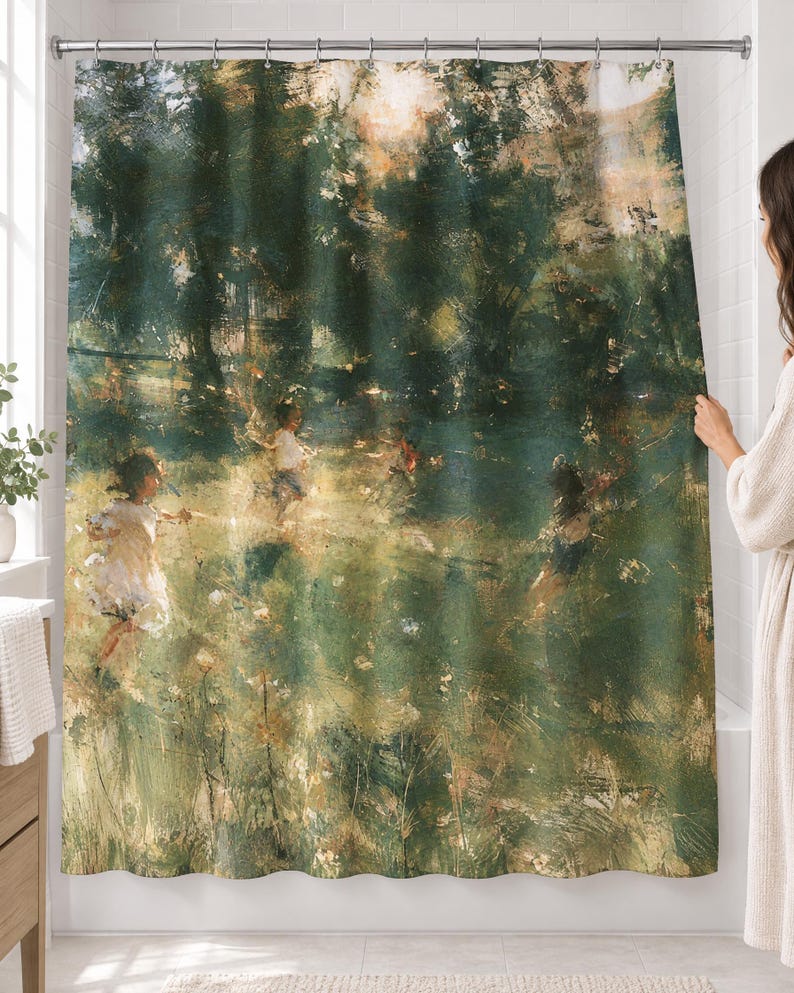 Impressionist garden shower curtain over a bathtub in a white-tiled bathroom: children run through a sunlit meadow under tall dark green trees in loose brushstrokes; a woman pulls back the right edge.