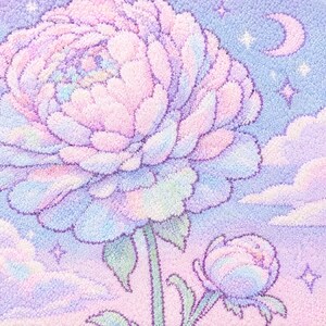 May include: A tufted textile wall hanging featuring a large, textured peony flower in shades of pastel pink, blue, and purple. The design includes a smaller flower bud, fluffy clouds, a crescent moon, and small stars against a soft gradient background.