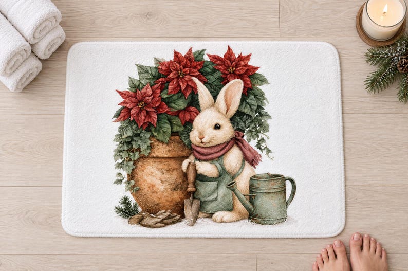 Poinsettia bunny bath mat seen from above on a light wood floor, with rolled white towels, a candle, a pine sprig and bare feet at the bottom edge.