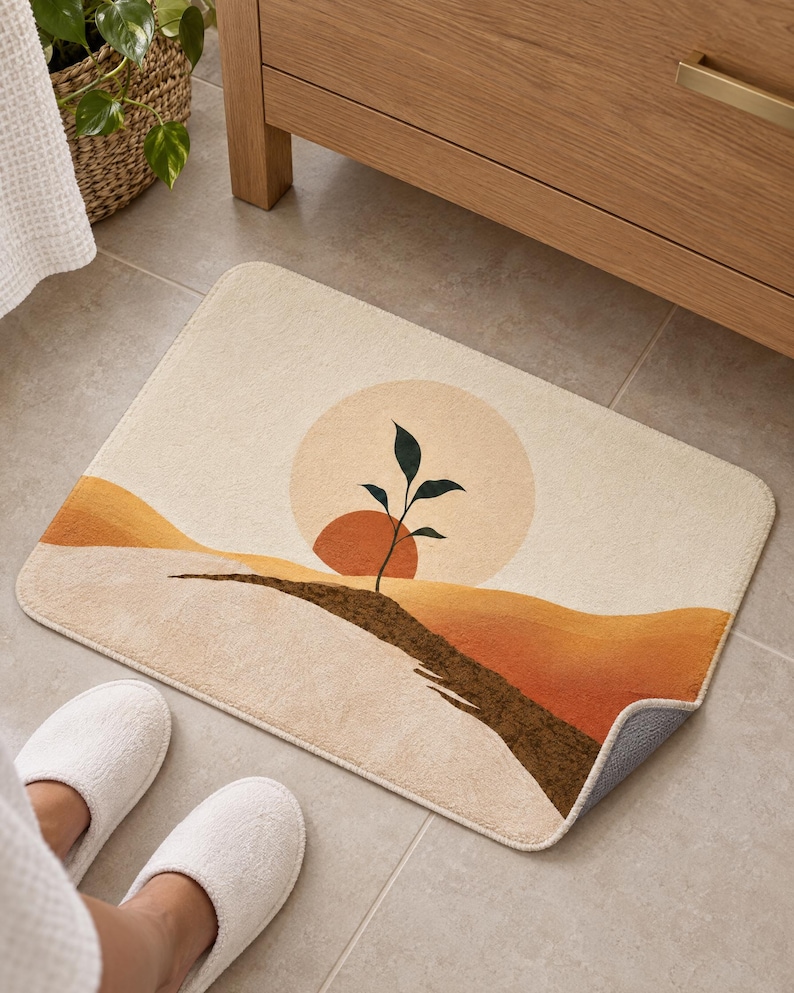 Neutral boho bath mat with a sprout, a terracotta sun and ochre hills on a tiled floor by a wooden vanity; feet in white slippers rest on the tile in front and one corner flips up to show the gray anti-slip back.
