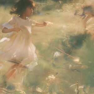 Close-up of the printed design on the beach towel: a dark-haired girl in a white dress running through soft, blurred golden grass in loose brushstrokes.