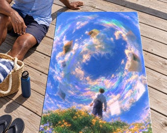 Surreal Beach Towel, Whimsical Cloud Sky Art, Dreamy Wildflower Hill — Daydreamer Gift