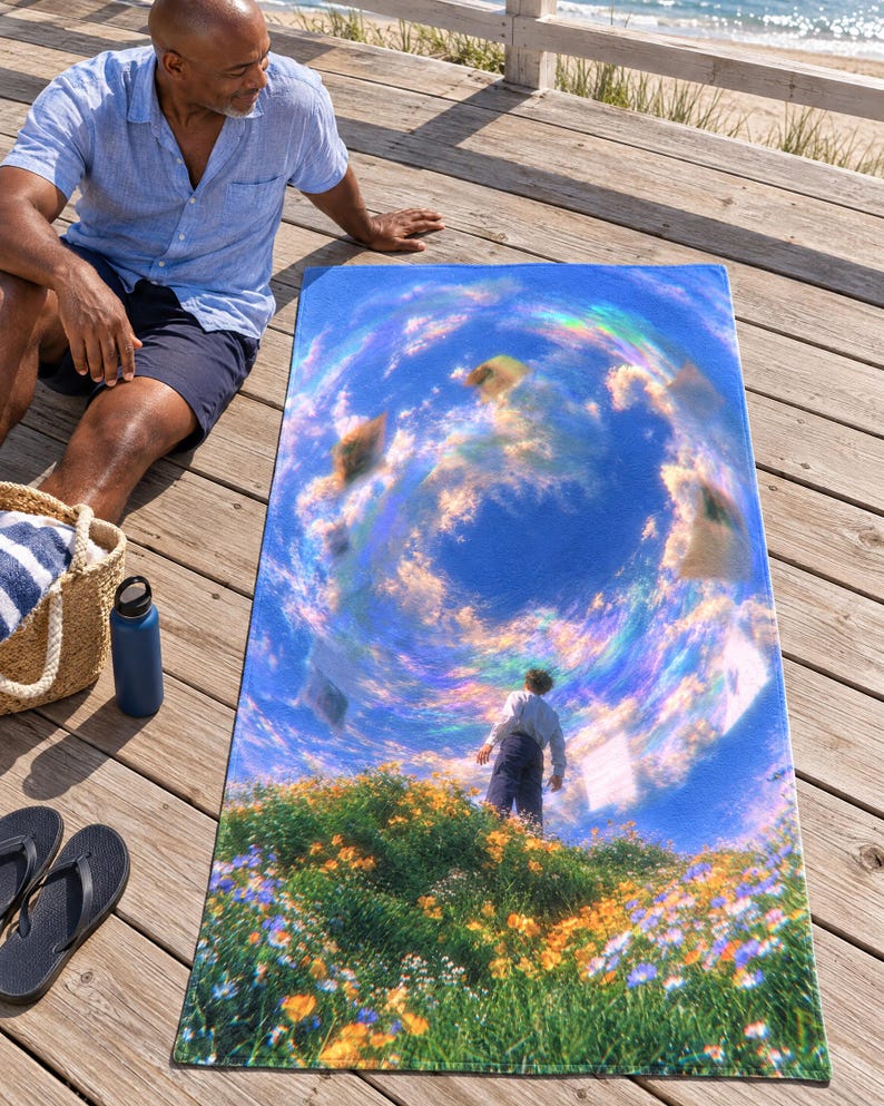 Surreal sky beach towel on a wooden boardwalk, printed with a figure on a flowery hill under a swirling rainbow-tinted sky with floating clouds, as a man in a blue shirt and shorts sits beside it.