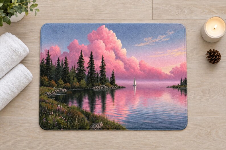 Overhead view of the whole pink cloud lake bath mat on a light wood floor, with rolled white towels, a potted plant, a lit candle and a pine cone around it.