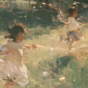 Close-up of the printed design on the bath mat: two small children in white running across sunlit grass, their faces and figures soft and blurred by the brushwork.