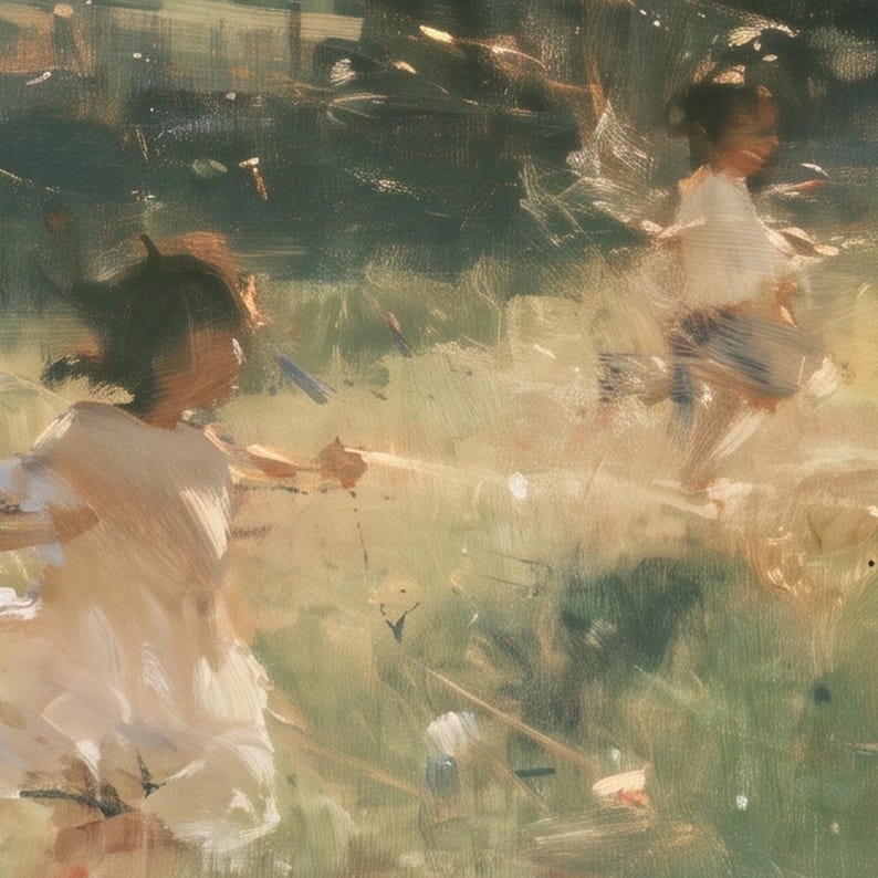 Close-up of the printed design on the bath mat: two small children in white running across sunlit grass, their faces and figures soft and blurred by the brushwork.