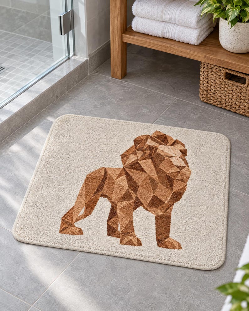 May include: A rectangular bath mat in a light beige colour featuring a geometric, low-poly style lion illustration in shades of brown. The lion is depicted in profile, standing on all fours, with a textured surface and rounded corners.