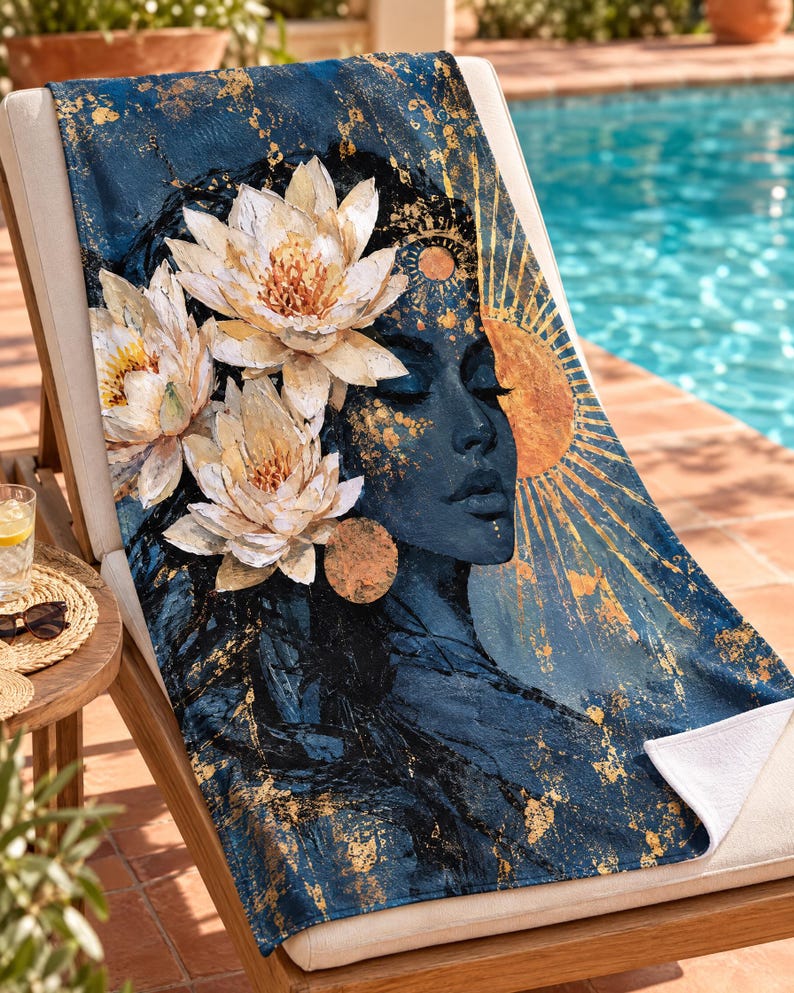 K&ouml;nnte beinhalten: Ein rechteckiges Strandtuch mit dunkelblauem Hintergrund und goldenen Spritzern. Das Design zeigt das Profil einer Person mit geschlossenen Augen, verziert mit drei gro&szlig;en wei&szlig;en Lotusbl&uuml;ten und einer strahlenden goldenen Sonne.