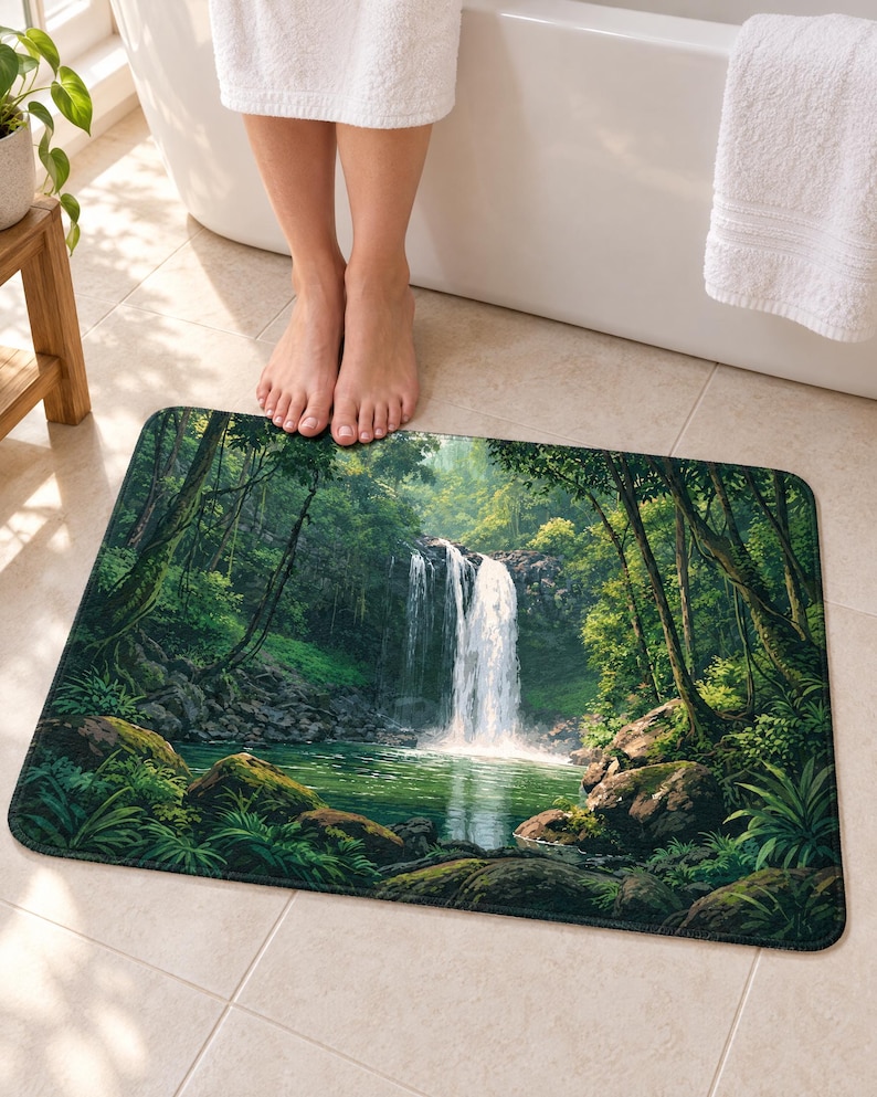 Jungle waterfall bath mat on a tiled floor in front of a white bathtub: a white waterfall pours into a green pool framed by tall trees, mossy rocks and ferns; bare feet stand on the top edge nearest the tub.