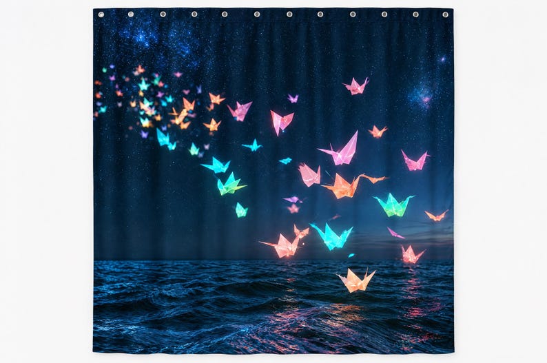 Pu&ograve; includere: Una tenda da doccia con un cielo notturno blu scuro pieno di stelle sopra un oceano scuro. Uno stormo di gru origami luminose e multicolori nelle tonalit&agrave; del rosa, arancione, giallo e blu vola sulla scena, con occhielli in metallo in alto.
