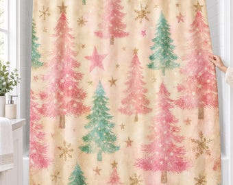 Pink Christmas Tree Shower Curtain, Vintage Pink Christmas Shower Curtain, Pastel Holiday Bathroom Decor — Hostess Gift