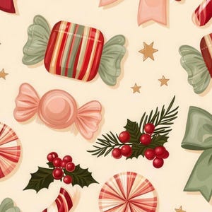 Close-up of the bath mat's print: a striped wrapped candy with sage ends, a blush wrapped candy, holly with red berries, peppermint swirls and gold stars on cream.