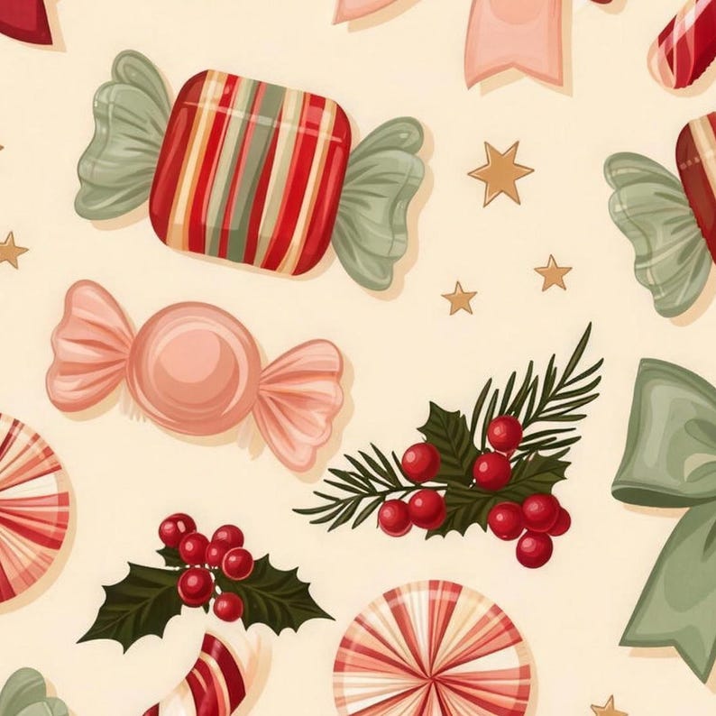 Close-up of the bath mat's print: a striped wrapped candy with sage ends, a blush wrapped candy, holly with red berries, peppermint swirls and gold stars on cream.