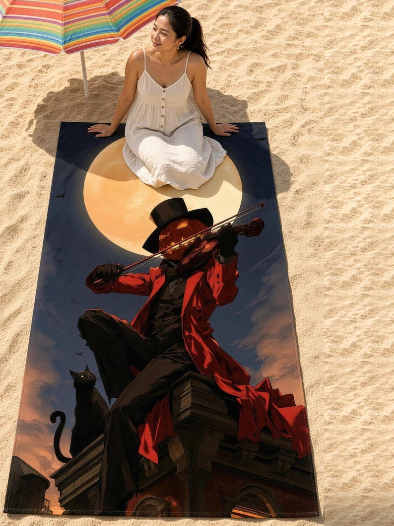 Halloween beach towel on sunny sand, with a woman in a white sundress sitting at the top edge. The print shows a pumpkin-head fiddler in a red coat playing violin on a rooftop under a full orange moon, with a black cat beside him.