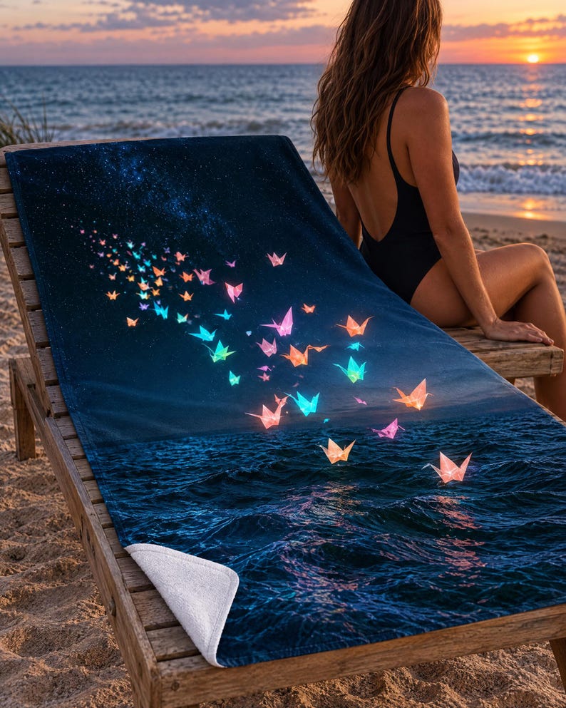 May include: A rectangular beach towel featuring a dark blue night sky transitioning into deep ocean waves. The design displays a swarm of glowing, multicoloured origami cranes in shades of pink, orange, and cyan, scattered across the surface.