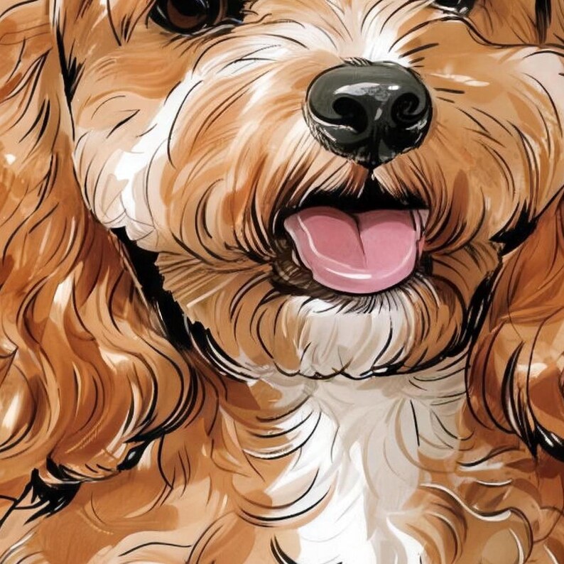 Close-up of the printed design on the shower curtain: the puppy's black nose, pink tongue and white chin in wavy apricot fur, with the eyes cut off at the top edge.