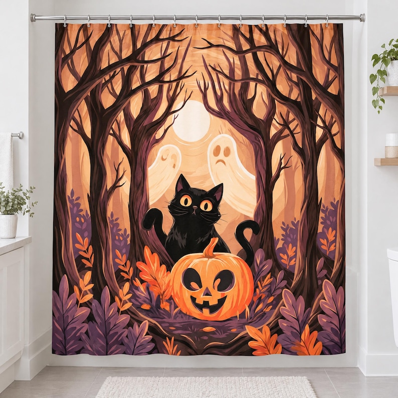 Straight-on view of the whole black cat ghost moon shower curtain hanging flat in a minimal white bathroom, showing the forest scene with two ghosts, a pale full moon and a carved pumpkin.