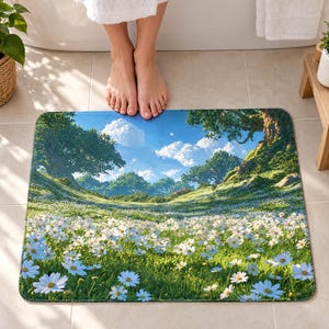 White daisy meadow bath mat on a tiled floor in front of a white bathtub: a field of white daisies rolls toward leafy trees under a blue sky with white clouds; bare feet stand on the top edge nearest the tub.