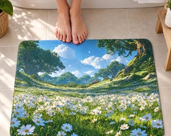 Puede incluir: Una alfombrilla de baño rectangular con un estampado de paisaje vibrante de una exuberante pradera verde llena de margaritas blancas bajo un cielo azul brillante con nubes blancas, enmarcada por grandes árboles verdes a los lados.