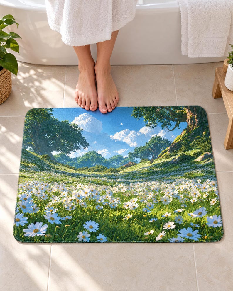 White daisy meadow bath mat on a tiled floor in front of a white bathtub: a field of white daisies rolls toward leafy trees under a blue sky with white clouds; bare feet stand on the top edge nearest the tub.