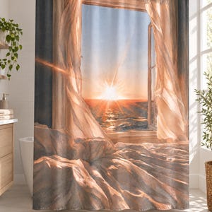 May include: A shower curtain featuring a printed scene of an open window overlooking a sunset over the ocean. The design includes sheer, flowing curtains blowing inward, with warm golden light rays illuminating the room and the bedding below.