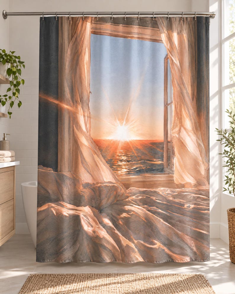 May include: A shower curtain featuring a printed scene of an open window overlooking a sunset over the ocean. The design includes sheer, flowing curtains blowing inward, with warm golden light rays illuminating the room and the bedding below.