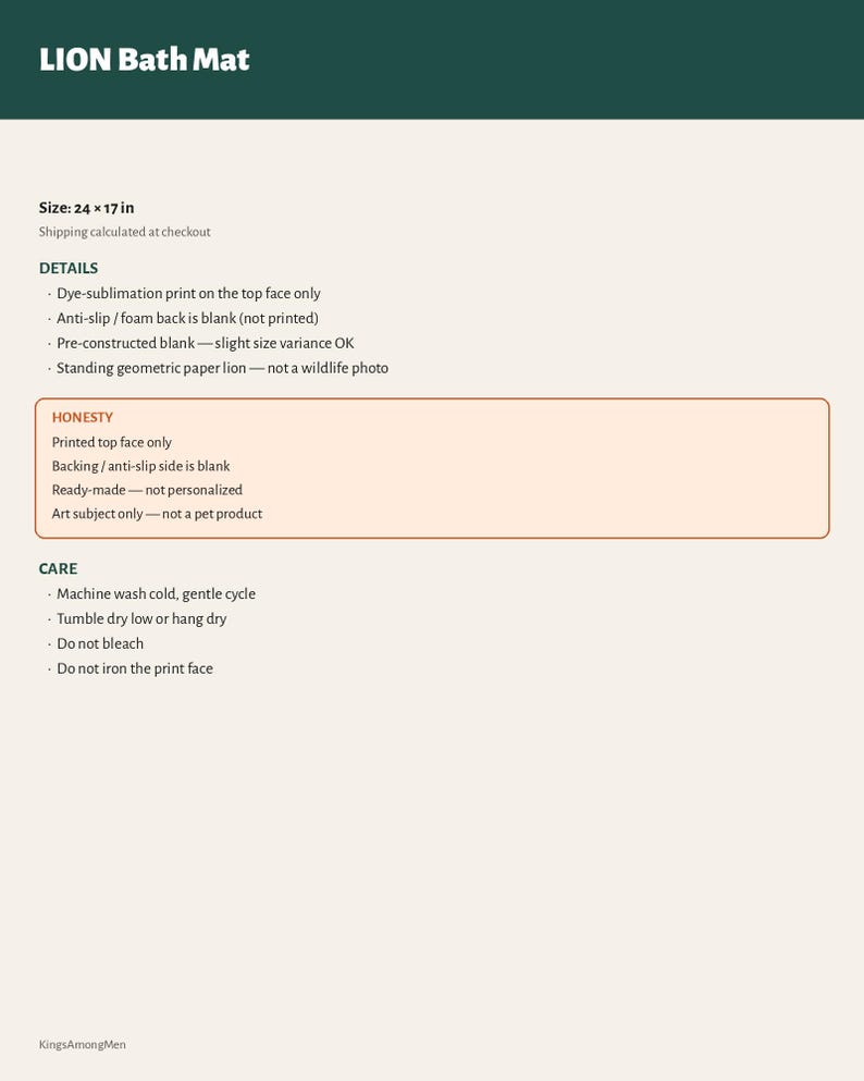 May include: A LION Bath Mat product information sheet featuring the text LION Bath Mat, Size: 61 x 43 cm, and sections for DETAILS, HONESTY, and CARE. The document outlines dye-sublimation print, anti-slip foam backing, and washing instructions.