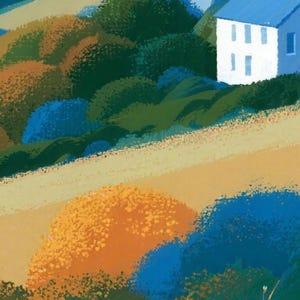 Close-up of the printed design on the beach towel: a white cottage with a blue roof above a golden field and rounded orange, green and blue shrubs in a grainy flat style.