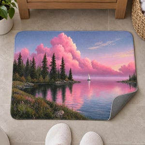 Bath mat with pink clouds over a pine-lined lake and a small sailboat, on a tiled floor by a wooden vanity; feet in white slippers rest on the tile in front and one corner flips up to show the gray anti-slip back.