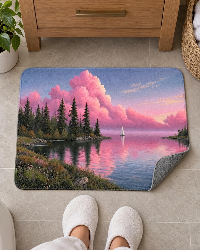 Bath mat with pink clouds over a pine-lined lake and a small sailboat, on a tiled floor by a wooden vanity; feet in white slippers rest on the tile in front and one corner flips up to show the gray anti-slip back.
