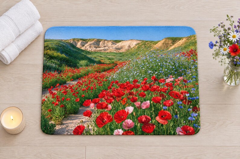 Overhead view of the whole red poppy field bath mat on a light wood floor, with rolled white towels, a lit candle and a small glass vase of wildflowers beside it.