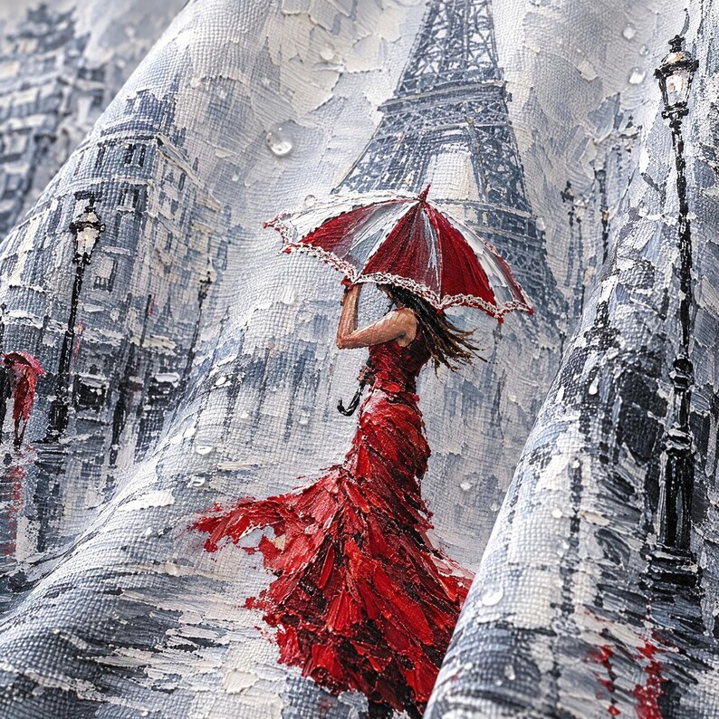 May include: A textured fabric print featuring a person in a vibrant red dress holding a matching red umbrella. The scene depicts a rainy Parisian street with the Eiffel Tower in the background, rendered in shades of gray, white, and black paint.
