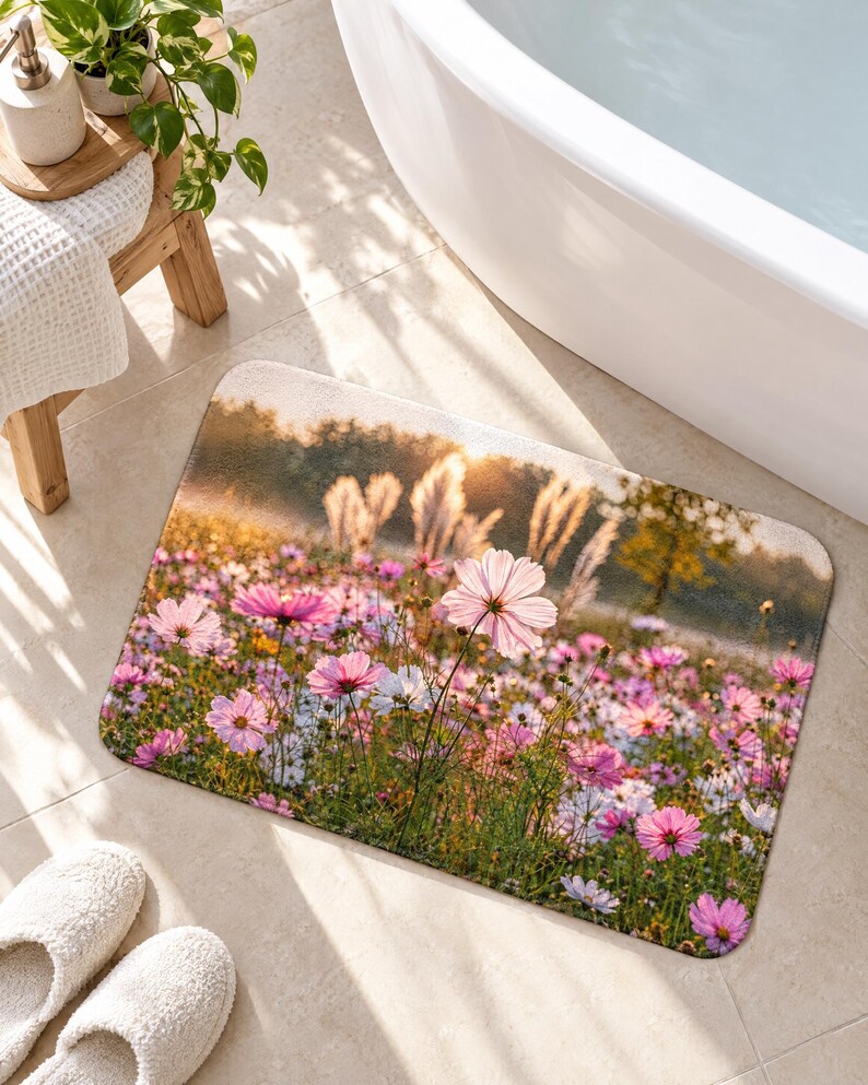 Peut inclure: Un tapis de bain rectangulaire orn&eacute; d'une impression photographique repr&eacute;sentant une prairie ensoleill&eacute;e remplie de fleurs de cosmos roses et blanches, d'herbes hautes et d'une lumi&egrave;re dor&eacute;e, aux coins arrondis.