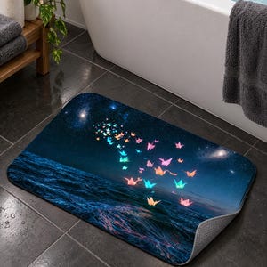 May include: A rectangular bath mat featuring a dark blue night sky filled with stars above a deep blue ocean. A flock of glowing, multi-coloured origami cranes in shades of pink, orange, and teal flies across the centre of the scene.