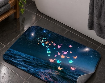 Può includere: Un tappetino da bagno rettangolare che raffigura un cielo notturno blu scuro stellato sopra un oceano blu profondo. Uno stormo di gru origami luminose e multicolori, nelle tonalità del rosa, arancione e turchese, vola al centro.