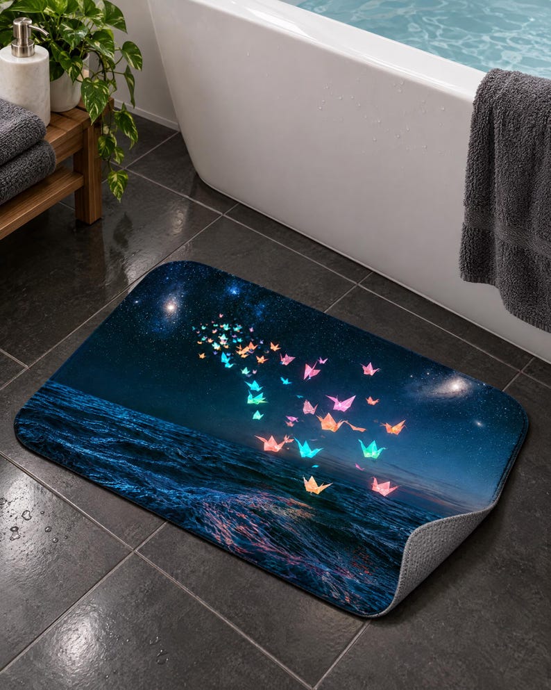 May include: A rectangular bath mat featuring a dark blue night sky filled with stars above a deep blue ocean. A flock of glowing, multi-coloured origami cranes in shades of pink, orange, and teal flies across the centre of the scene.